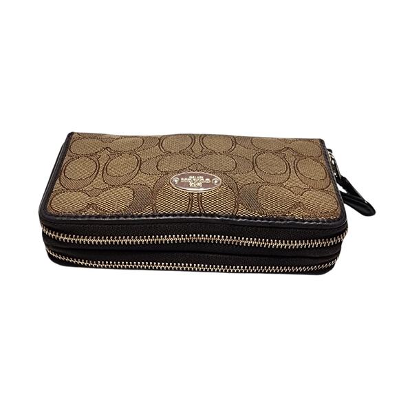 COACH Signature Monogram Fabric Leather Brown Two-Tone Double Zip Around Wallet - Picture 3 of 10